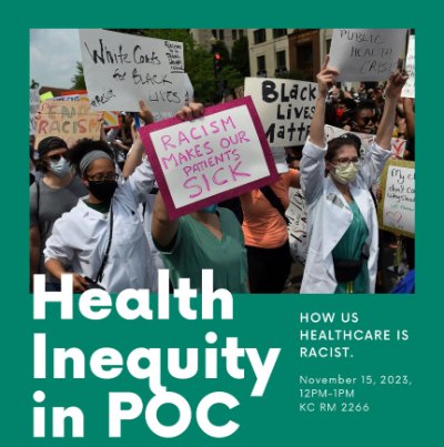 A green background frames a photo of protestors fighting for equality for POC in health settings. Its titled Health Inequity in POC.